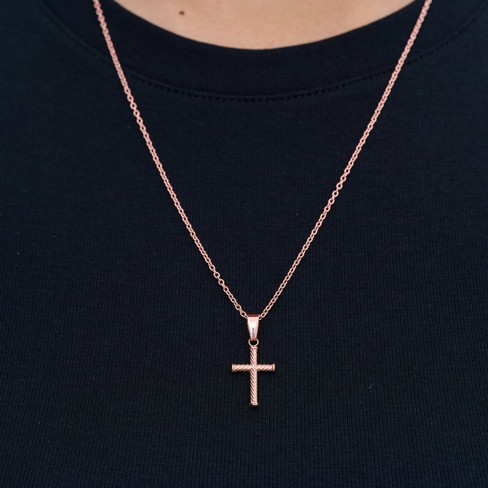 Micro Twisted Rope Cross Pendant in Rose Gold