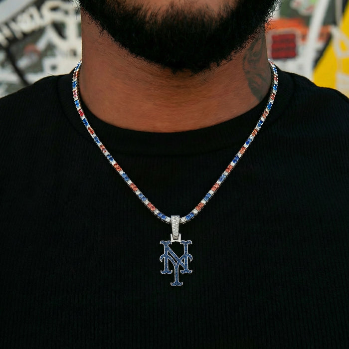 New York Mets Official MLB Logo Pendant + 3mm Diamond Colored Tennis Chain Bundle in White Gold