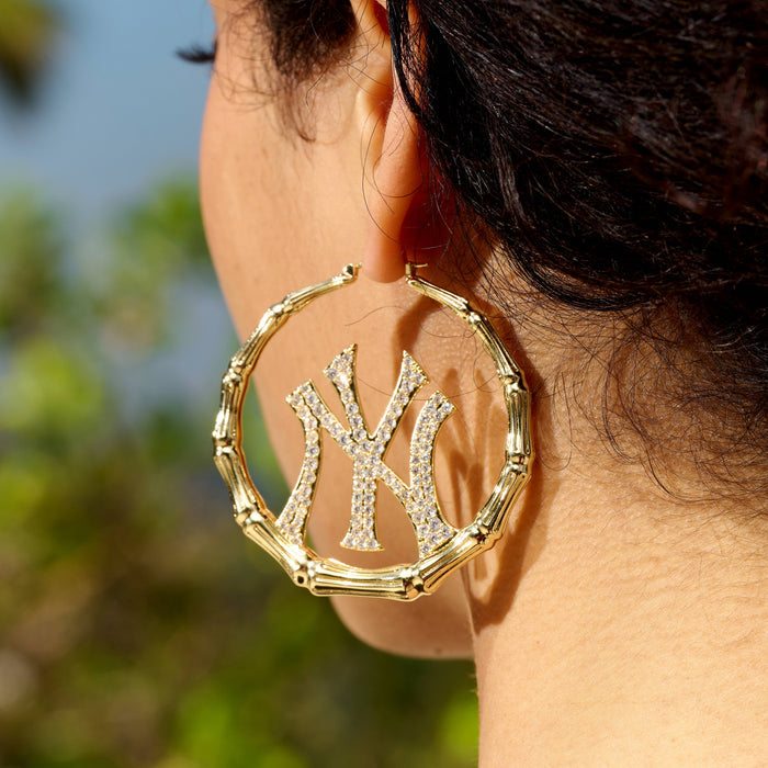 New York Yankees Official MLB Iced Bamboo Hoop Earring in Yellow Gold