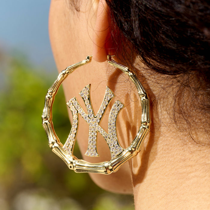 New York Yankees Official MLB Iced Bamboo Hoop Earring in Yellow Gold
