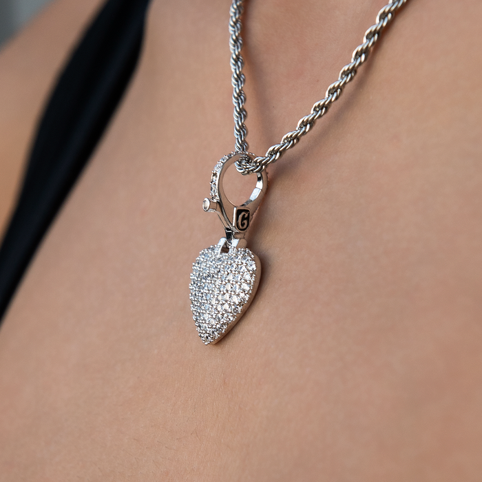 Pave Heart Clip On Charm Pendant in White Gold