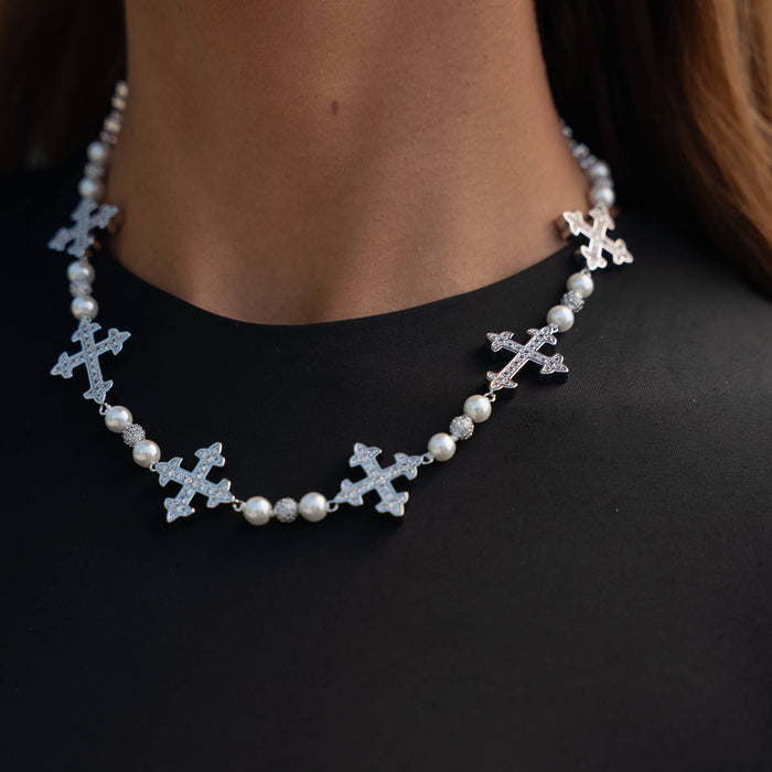 Pearl Cross Chain Necklace in White Gold
