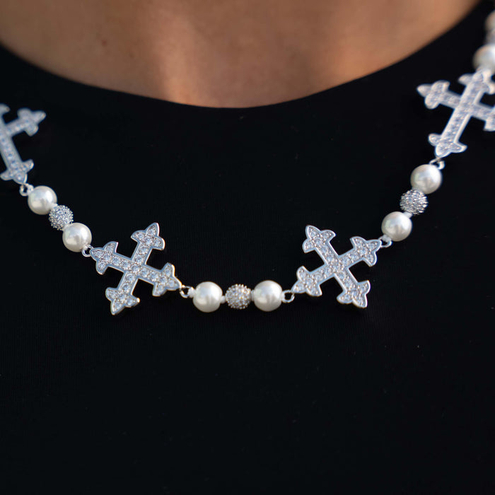 Pearl Cross Chain Necklace in White Gold
