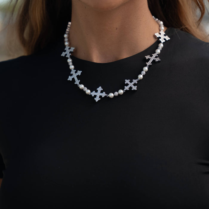 Pearl Cross Chain Necklace in White Gold