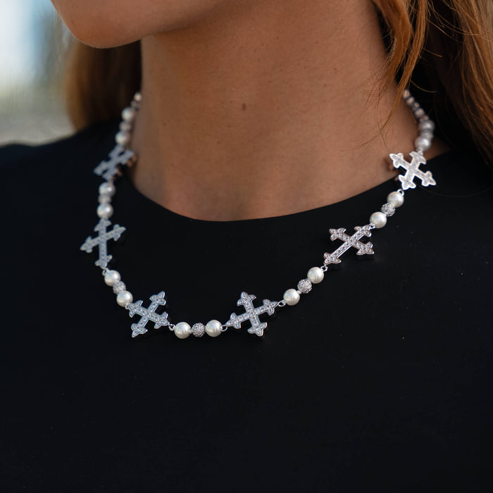 Pearl Cross Chain Necklace in White Gold