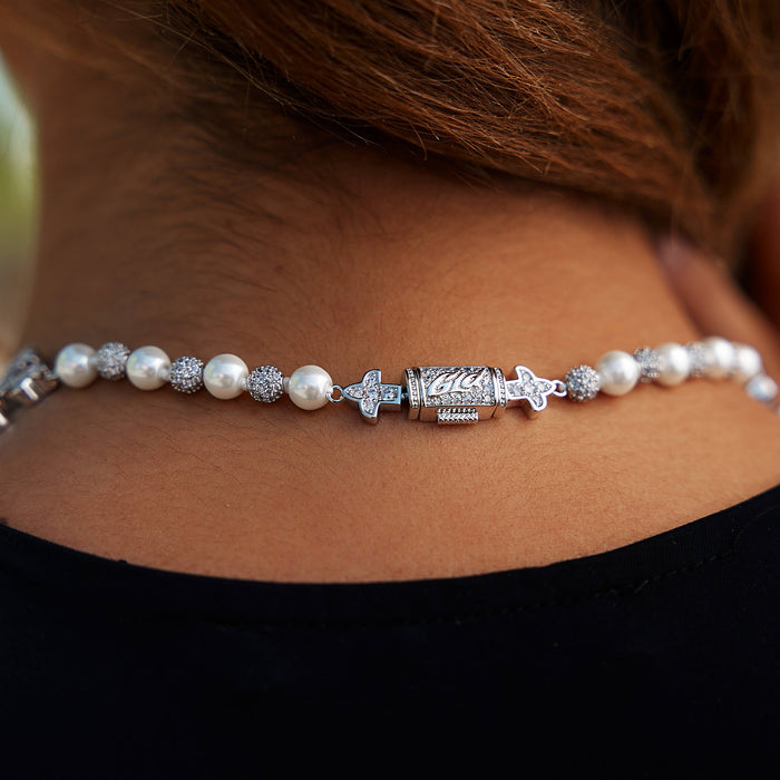 Pearl Cross Chain Necklace in White Gold