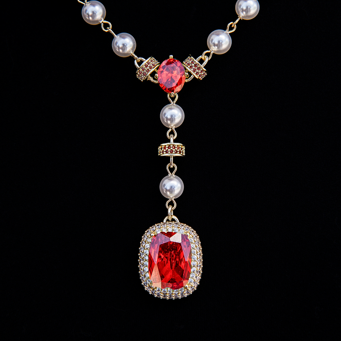 Pearl Ruby Gemstone Lariat Necklace in Yellow Gold