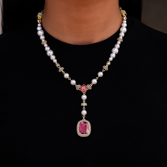 Pearl Ruby Gemstone Lariat Necklace in Yellow Gold