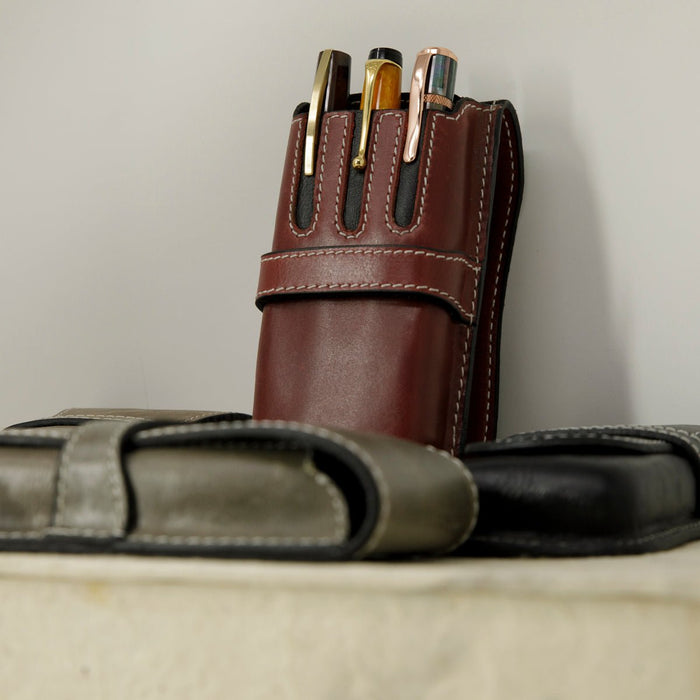 Pen Boutique Yak Leather Triple Pen Holder - Crazy Horse - Caramine/Black - Pen Boutique Ltd