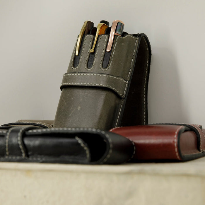 Pen Boutique Yak Leather Triple Pen Holder - Crazy Horse - Celedon/Black - Pen Boutique Ltd