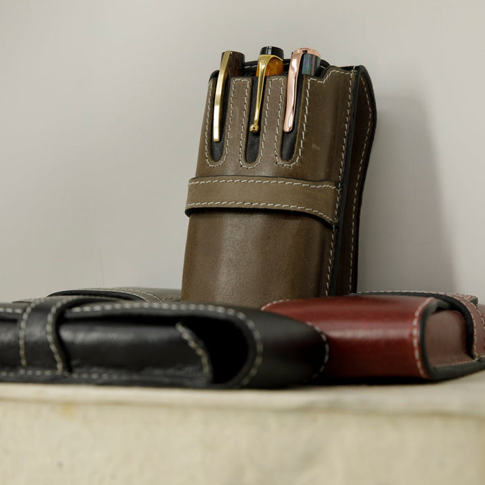 Pen Boutique Yak Leather Triple Pen Holder - Crazy Horse - Truffle/Black - Pen Boutique Ltd