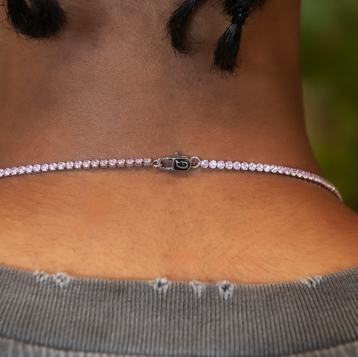 Pink Diamond Micro Tennis Chain + Bracelet Bundle in White Gold