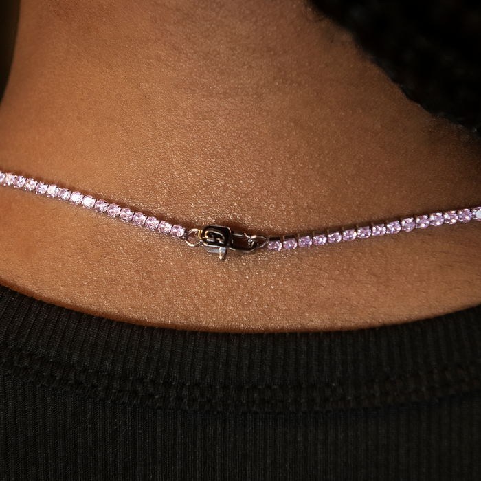 Pink Diamond Micro Tennis Necklace + Bracelet Bundle in White Gold