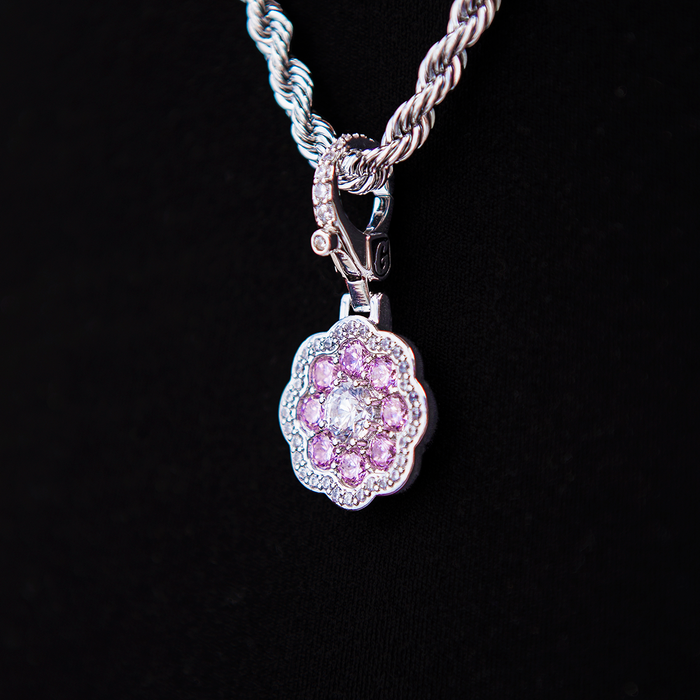 Pink Flower Stone Clip On Pendant - White Gold