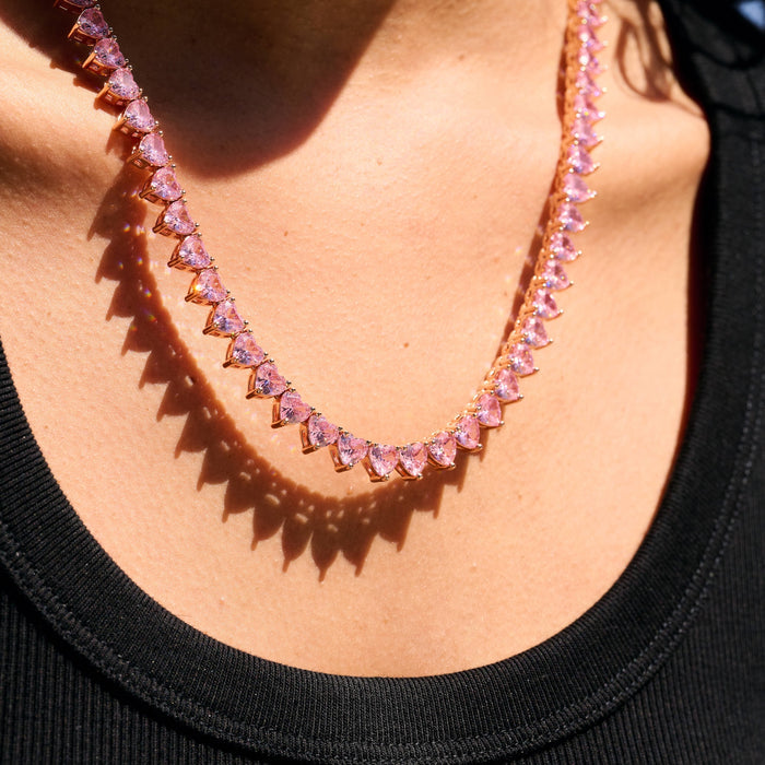 Pink Heart Diamond Tennis Necklace in Rose Gold - 6mm