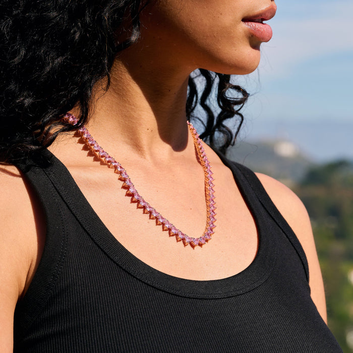 Pink Heart Diamond Tennis Necklace in Rose Gold - 6mm