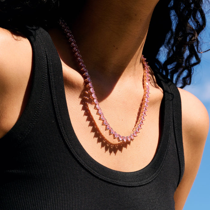 Pink Heart Diamond Tennis Necklace in Rose Gold - 6mm