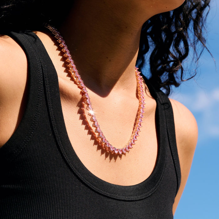 Pink Heart Diamond Tennis Necklace in Rose Gold - 6mm
