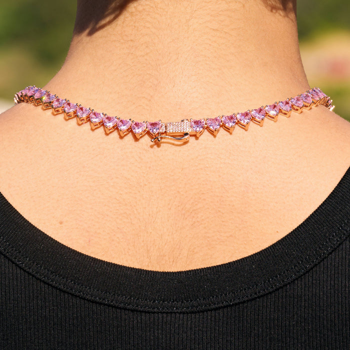 Pink Heart Diamond Tennis Necklace in Rose Gold - 6mm