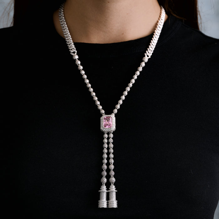 Pink Iced Rock Adjustable Cloister Chain Necklace in White Gold