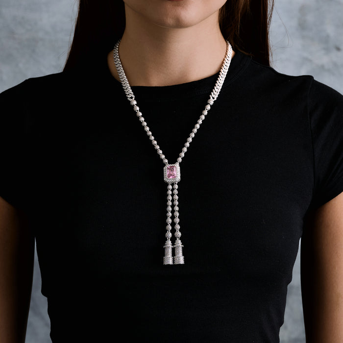 Pink Iced Rock Adjustable Cloister Chain Necklace in White Gold
