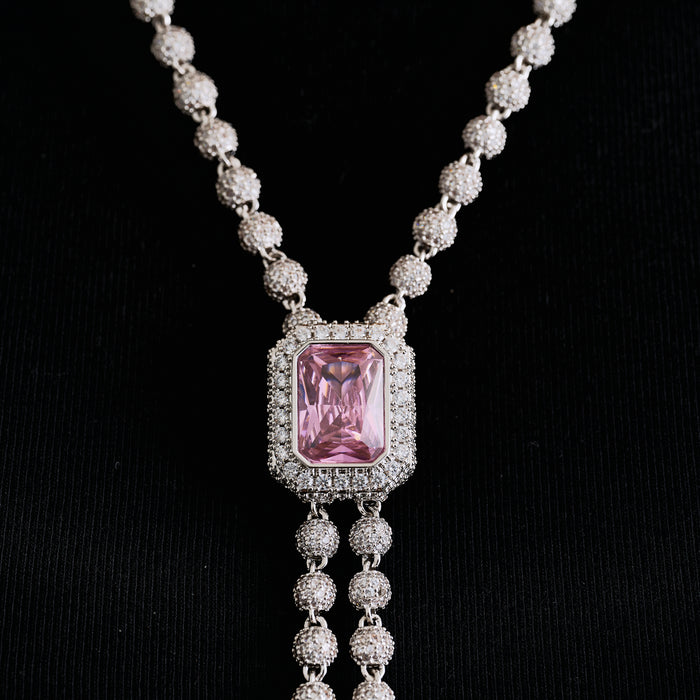 Pink Iced Rock Adjustable Cloister Chain Necklace in White Gold