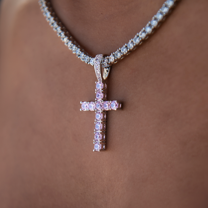 Pink Stone Diamond Cross Pendant in White Gold