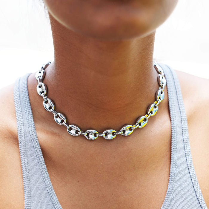 Puffed Mariner Chain Necklace in White Gold - 12mm