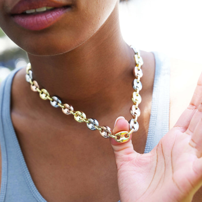 Puffed Mariner Chain Necklace in Yellow, Rose, and White Gold - 12mm