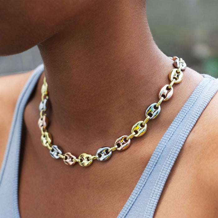 Puffed Mariner Chain Necklace in Yellow, Rose, and White Gold - 12mm