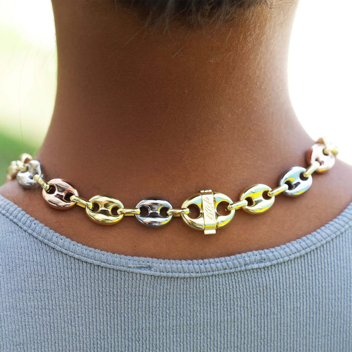 Puffed Mariner Chain Necklace in Yellow, Rose, and White Gold - 12mm