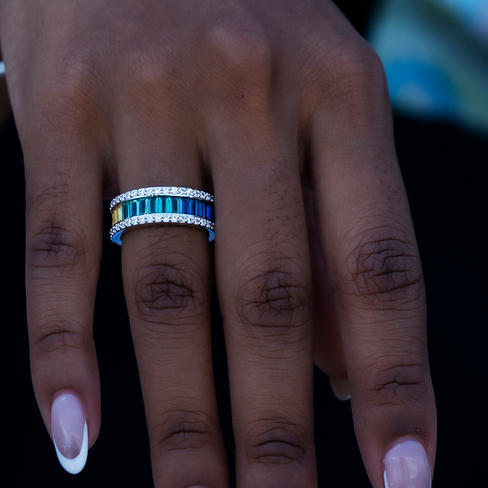 Rainbow Baguette Ring in White Gold Vermeil