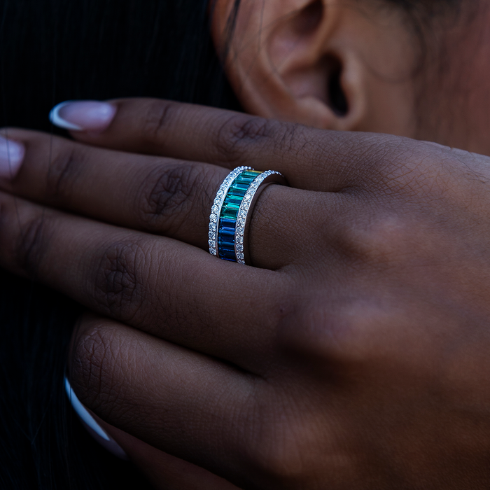 Rainbow Baguette Ring in White Gold Vermeil