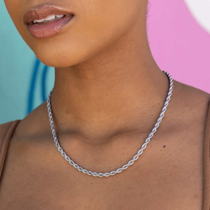 Rope Chain + Hanging Rose Pendant Gift Bundle in White Gold - 4mm