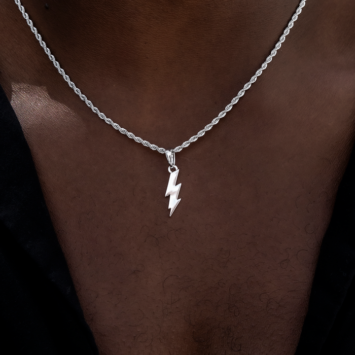 Rope Chain + Micro Bolt Pendant Gift Bundle in White Gold - 2mm