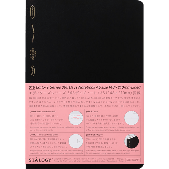 Stalogy Editors 365 Days Notebook - Black - Lined - A5 - Pen Boutique Ltd