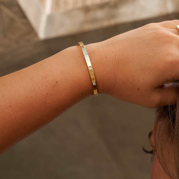 Stationed Stone Open Cuff Bracelet - Yellow Gold