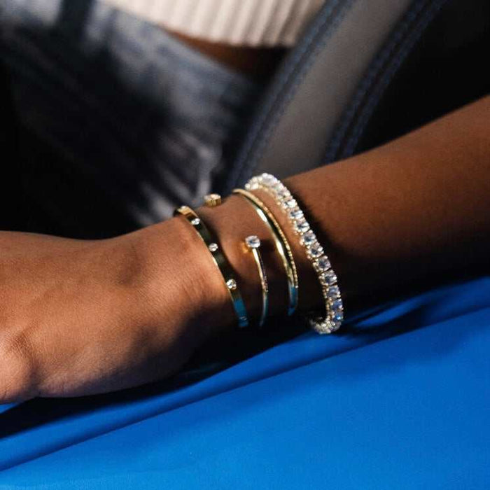 Stationed Stone Open Cuff Bracelet - Yellow Gold