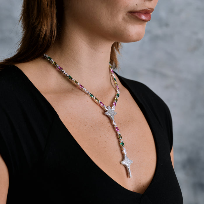 Tennis Link GLD Star Multi Color Lariat Necklace in White Gold
