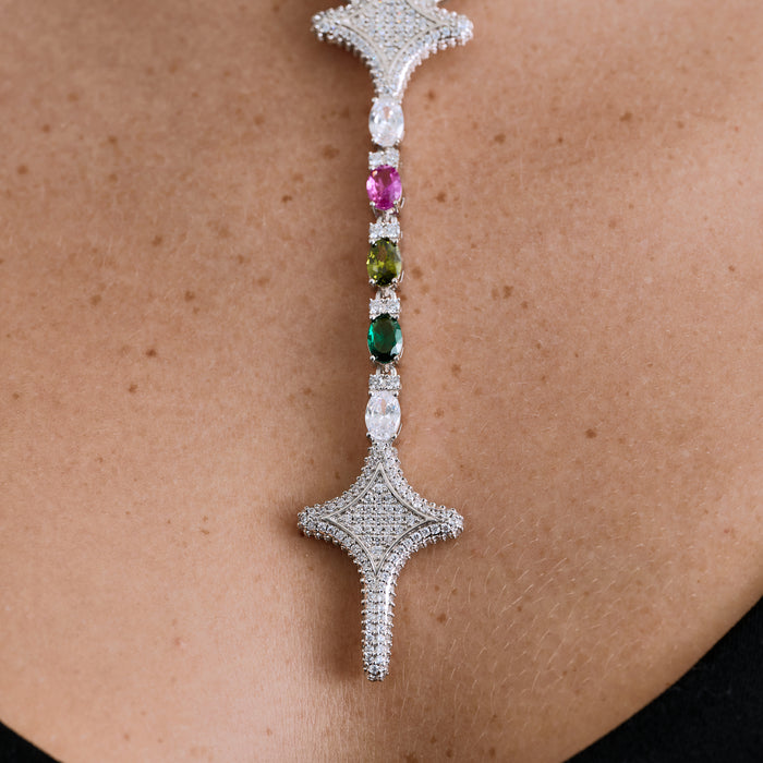 Tennis Link GLD Star Multi Color Lariat Necklace in White Gold