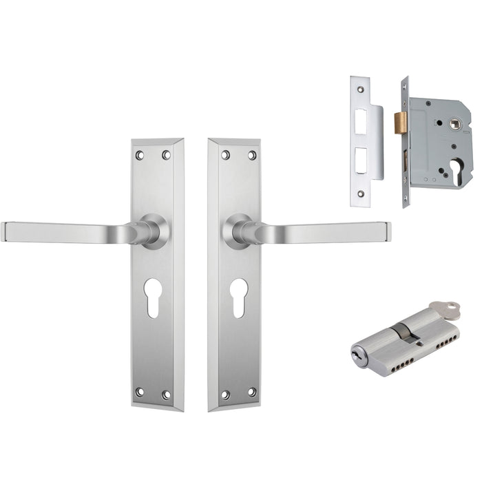 TradCo Menton Lever Long Backplate Entrance Set with High Security Lock Satin Chrome 0687KENTREURO57KK - The Blue Space