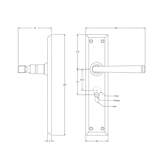 Line Drawing TradCo Menton Lever Long Backplate Entrance Set with High Security Lock Satin Chrome 0687KENTREURO57KK - The Blue Space