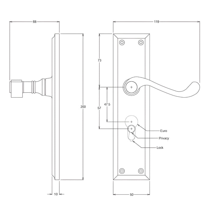 Line Drawing TradCo Milton Lever Long Backplate Entrance Set with High Security Lock Antique Brass 0786KENTREURO57KK - The Blue Space