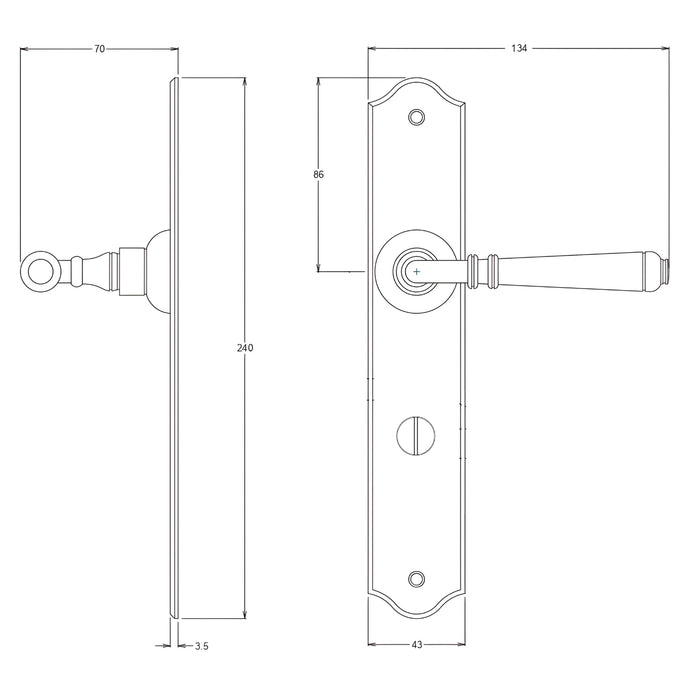 Line Drawing TradCo Reims Lever Long Backplate Privacy Set Matte Black 9620KPRIV60 - The Blue Space