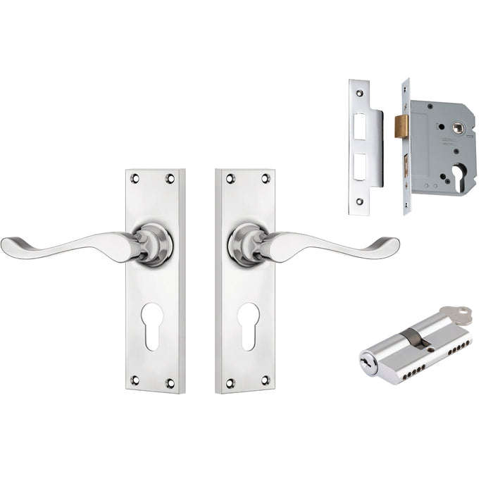 TradCo Victorian Lever Long Backplate Entrance Set with High Security Lock Chrome Plated 0907KENTREURO57KK - The Blue Space