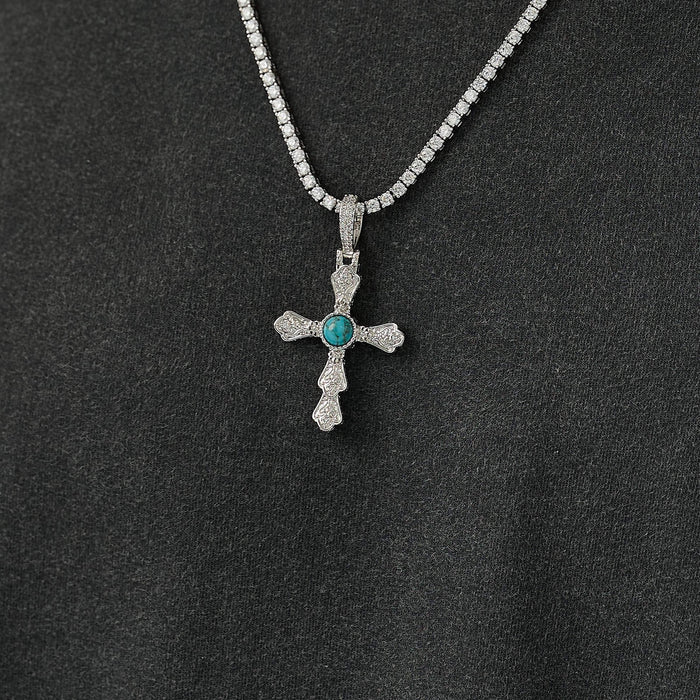 Turquoise Western Cross Pendant in White Gold