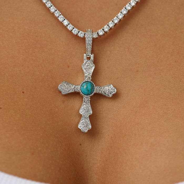 Turquoise Western Cross Pendant in White Gold