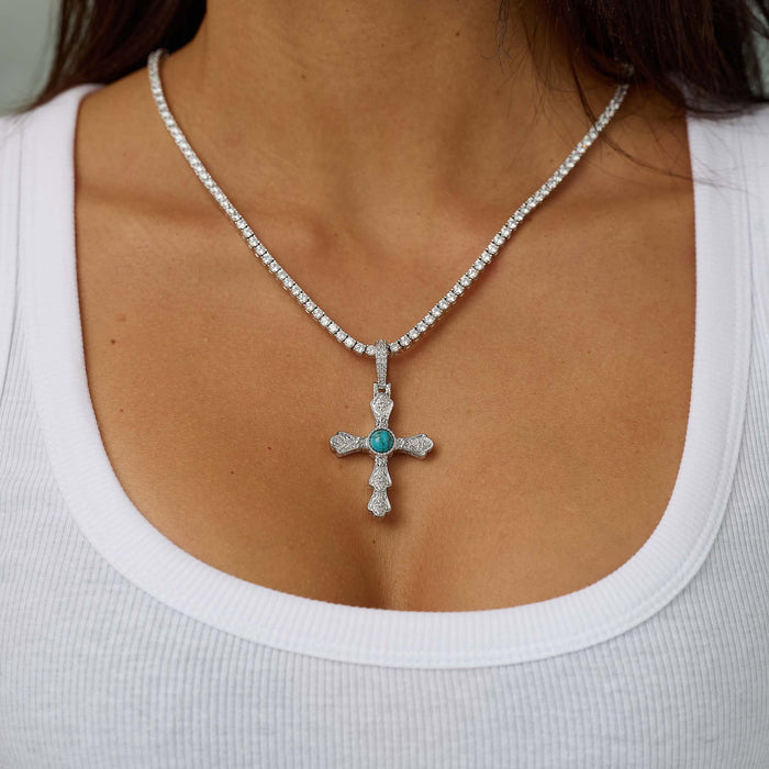 Turquoise Western Cross Pendant in White Gold