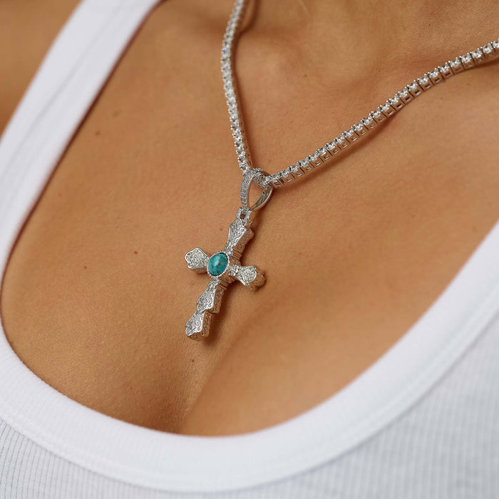 Turquoise Western Cross Pendant in White Gold