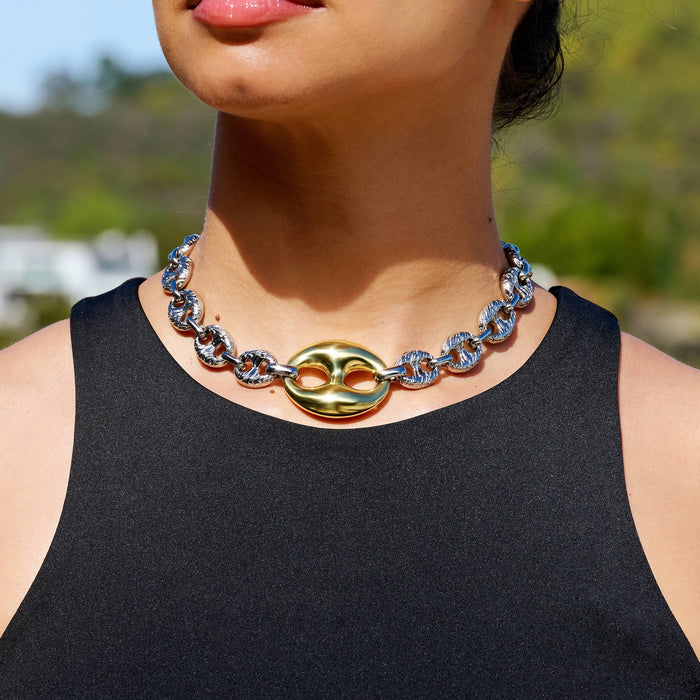 Two Tone Large Link Puffed Mariner Chain Necklace in White & Yellow Gold - 15mm